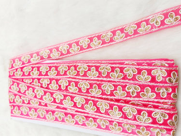 Wholesale Cerise Pink Net Lace Floral Embroidery & Glitter Gold Sequins, Indian Wedding Border, Gifting Ribbon Costume Trim Fashion Trimming
